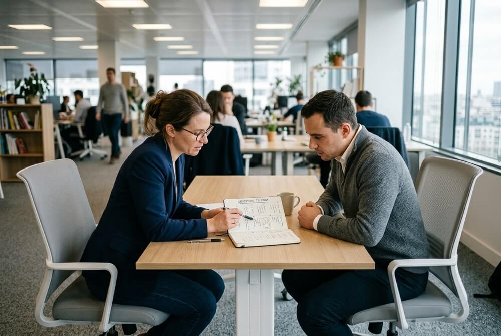 binôme au travail, en pleine priorisation