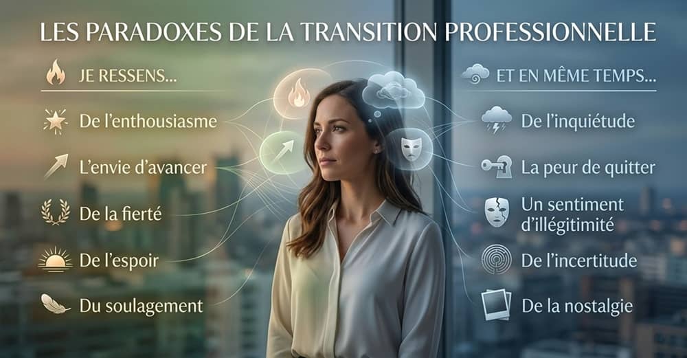 Transition-professionnelle (3) Femme vivant des émotions contradictoires en pleine transition professionnelle