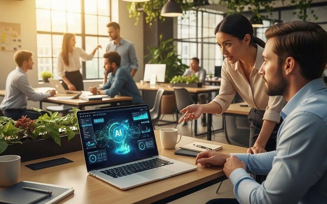 Collègues qui échangent face à l'IA